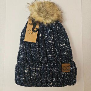 C.C Knit Pom Hat Sherpa Lined Navy White NWT